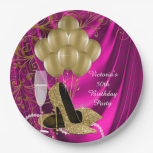Womans Hot Pink Gold Birthday Party Paper Plates