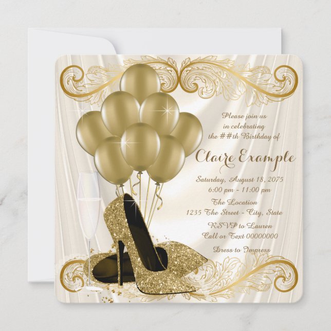 Womans Ivory and Gold Birthday Party Glamour Satin Invitation (Front)