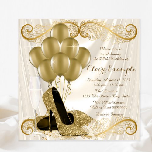 Womans Ivory and Gold Birthday Party Glamour Satin Invitation