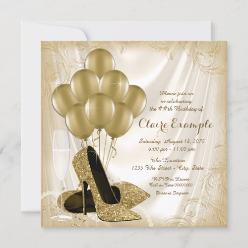 Womans Ivory and Gold Birthday Party Satin Glitter Invitation