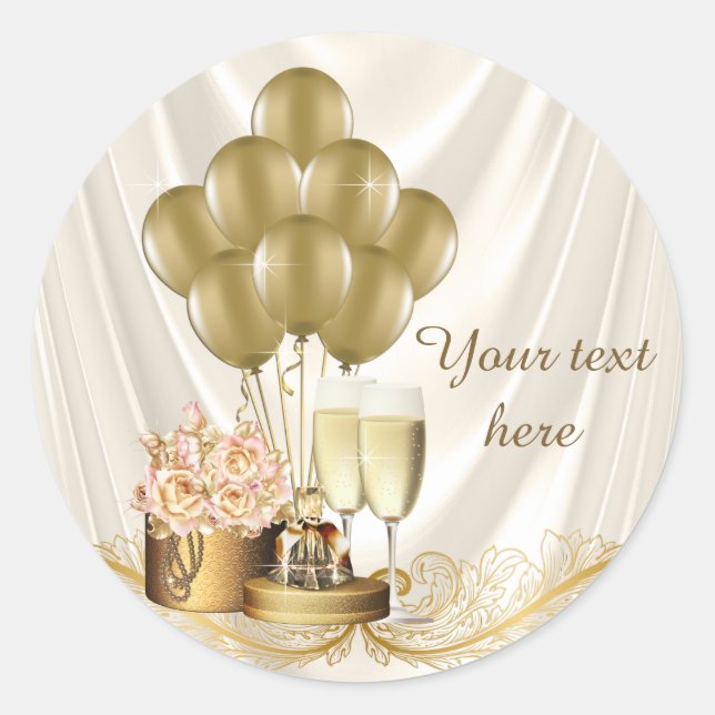 Womans Ivory and Gold Champagne Birthday Party Classic Round Sticker (Front)