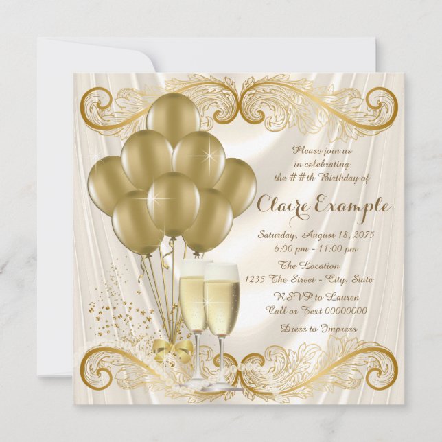Womans Ivory Gold Birthday Party Champagne Glamour Invitation (Front)