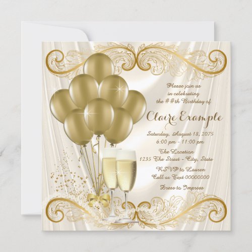 Womans Ivory Gold Birthday Party Champagne Glamour Invitation