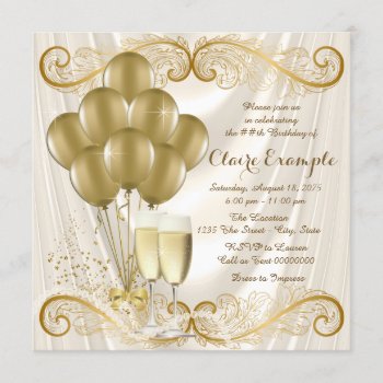 Womans Ivory Gold Birthday Party Champagne Glamour Invitation by Pure_Elegance at Zazzle