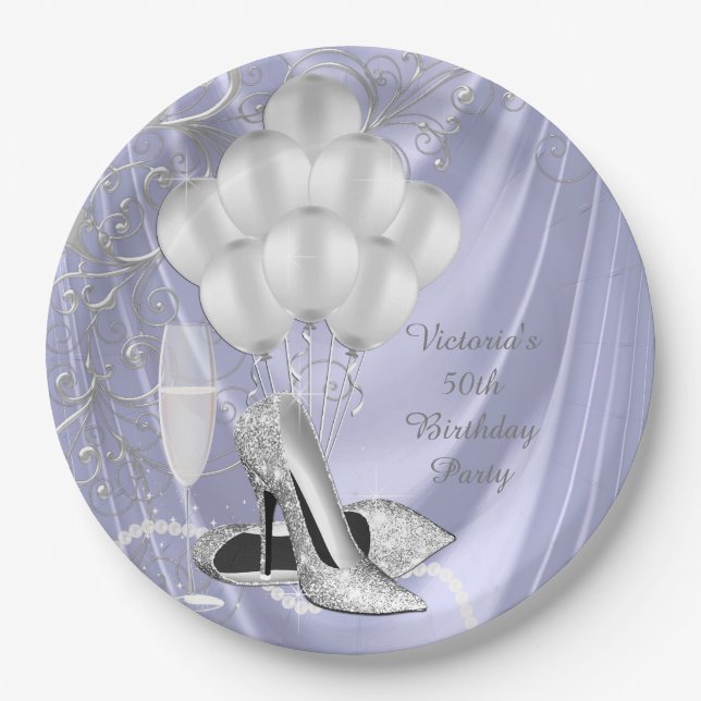 Womans Lavender Silver Shoe Party Paper Plates (Front)