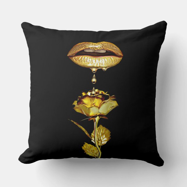 Womans Lips Dripping Liquid Gold makeup Art  Throw Pillow (Front)