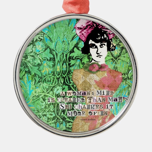 Womans Mind Digital Collage Green Background Metal Ornament (Front)