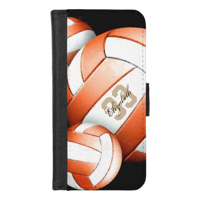Woman's name orange white volleyballs iPhone wallet case (Front)