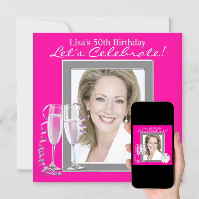 Womans Photo Hot Pink Birthday Party Invitation Zazzle