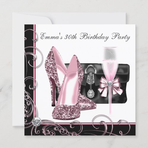 Womans Pink and Black Birthday Party Invitation