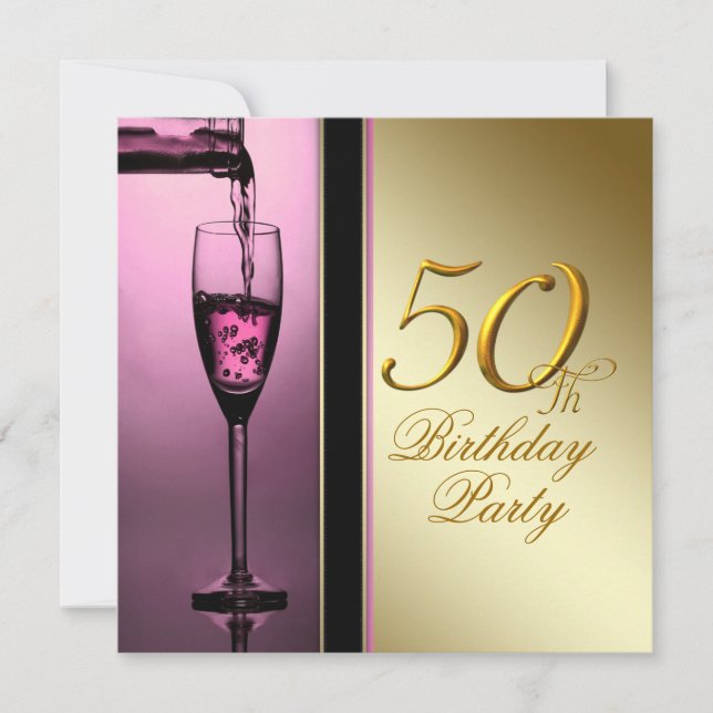 Womans Pink and Gold 50th Birthday Party Invitation (Front)