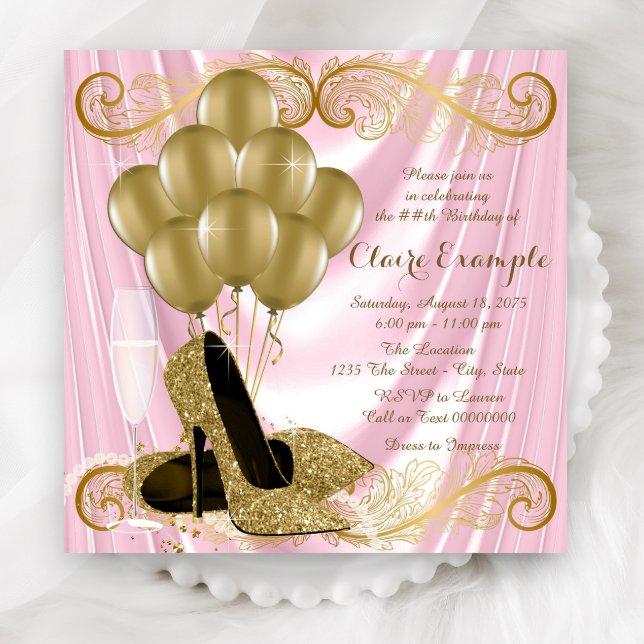 Womans Pink and Gold Birthday Party Glamour Satin Invitation