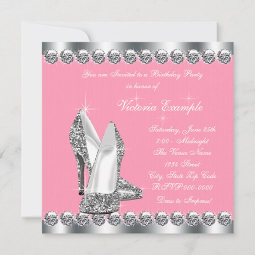 Womans Pink and Silver Birthday Party Invitation | Zazzle