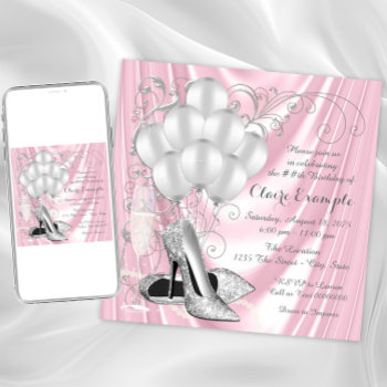 Womans Pink And Silver Birthday Party Luxe Invitation by Pure_Elegance at Zazzle