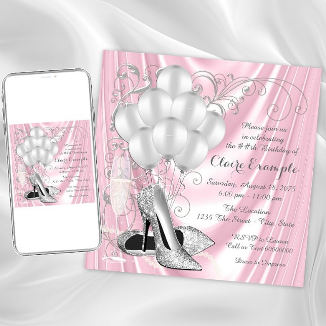 Womans Pink and Silver Birthday Party Luxe Invitation
