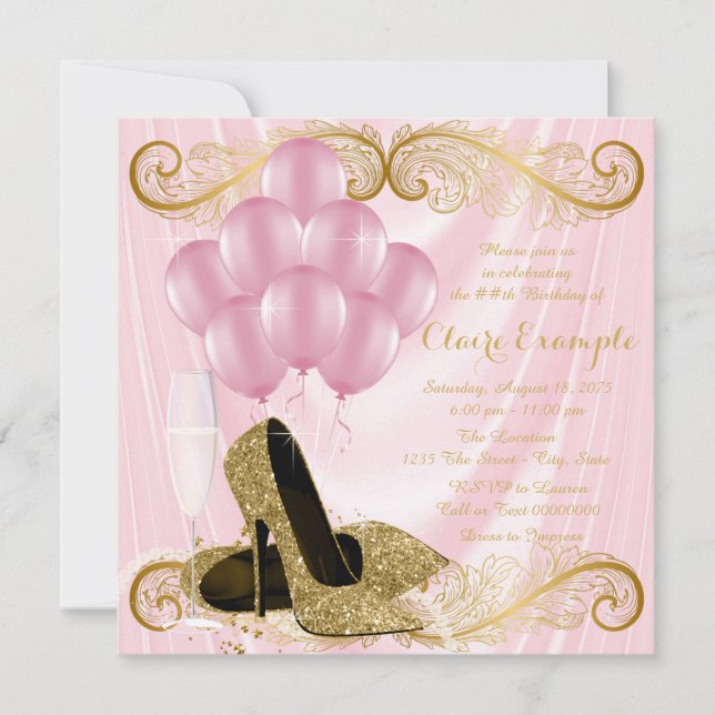 Womans Pink Gold Birthday Party Invitations (Front)