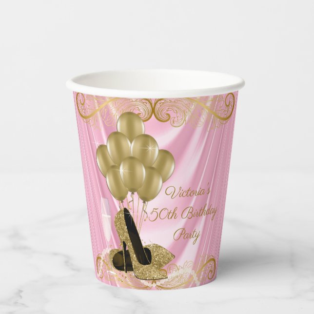 Womans Pink Gold Birthday Party Paper Cups (Front)