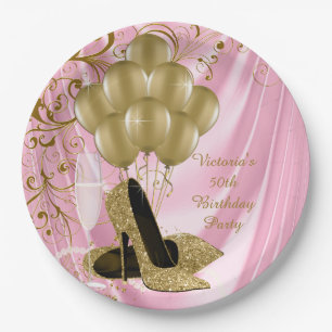 Womans Pink Gold Birthday Party Paper Plates