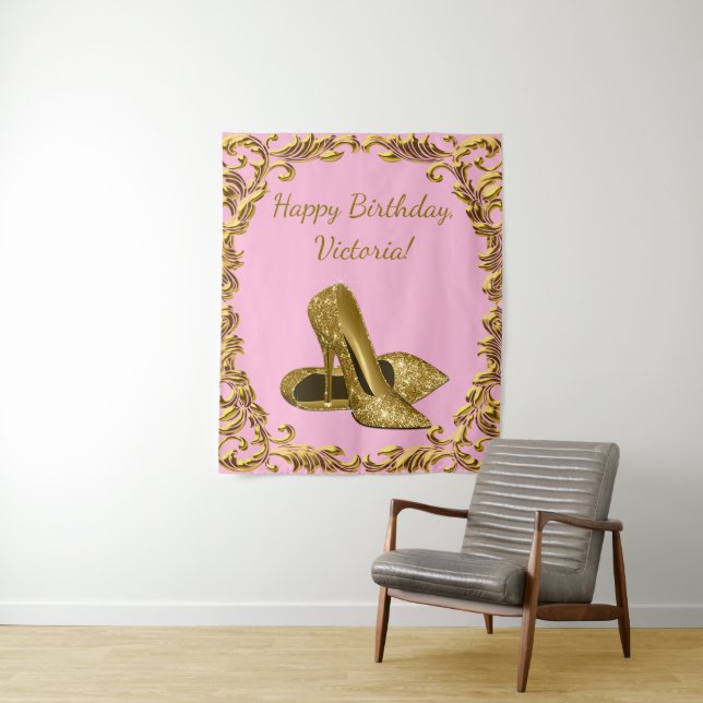 Womans Pink Gold High Heel Birthday M Backdrop (In Situ)