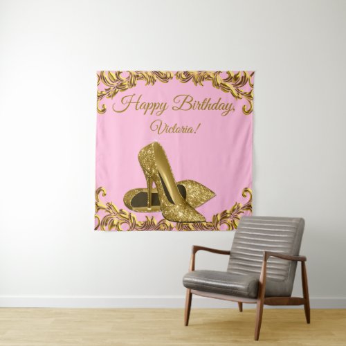 Womans Pink Gold High Heel Birthday SQ Backdrop