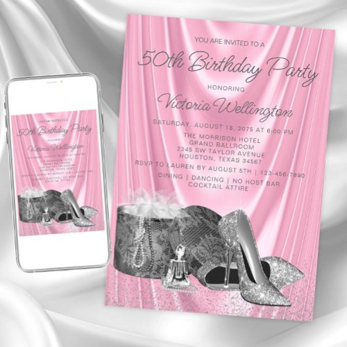 Womans Pink Silver Shoe Any Number Birthday Invitation