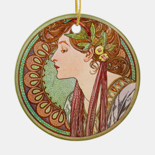 Woman's Profile, Alphonse Mucha Ceramic Ornament