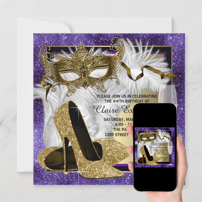 Womans Purple And Gold Masquerade Party Invitation Zazzle