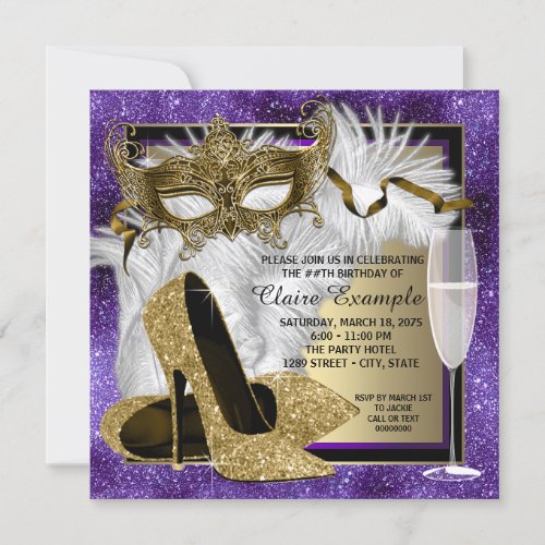 Womans Purple and Gold Masquerade Party Invitation