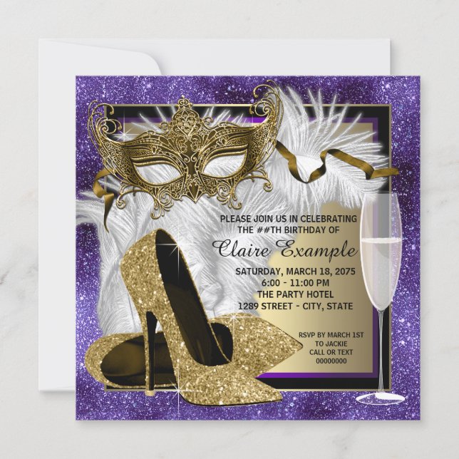 Womans Purple and Gold Masquerade Party Invitation (Front)