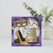 Womans Purple and Gold Masquerade Party Invitation (Standing Front)