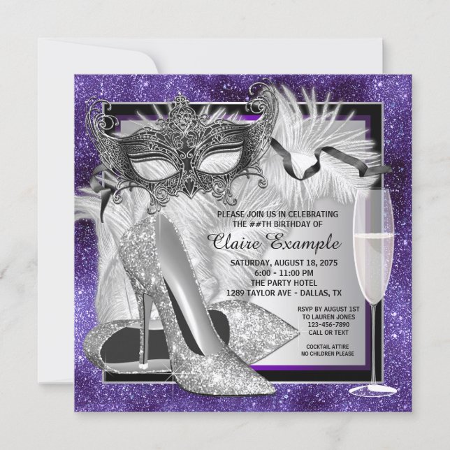 Womans Purple and Silver Birthday Masquerade Party Invitation (Front)