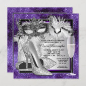 Womans Purple and Silver Birthday Masquerade Party Invitation (Front/Back)