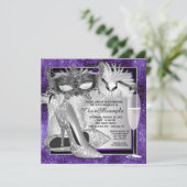 Womans Purple and Silver Birthday Masquerade Party Invitation (Standing Front)