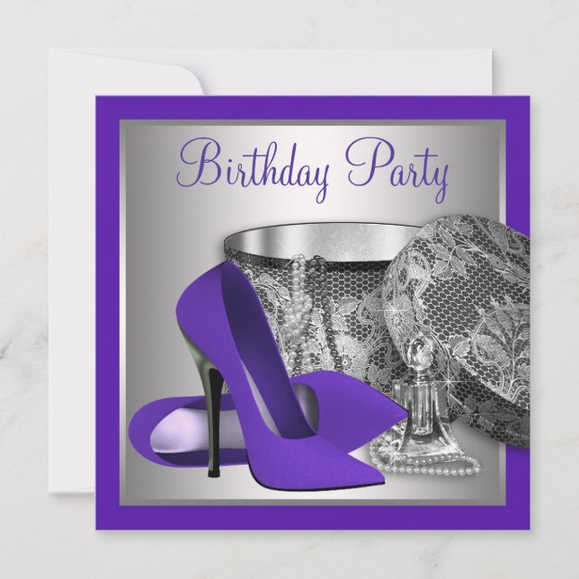 Womans Purple and Silver Birthday Party Invitation (Front)
