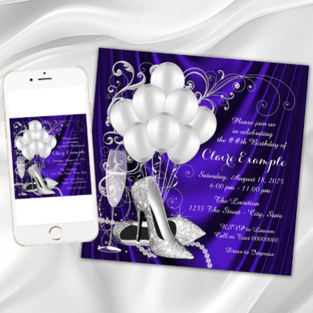 Womans Purple And Silver Birthday Party Luxe Invitation