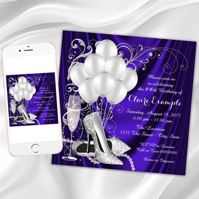 Womans Purple and Silver Birthday Party Luxe Invitation (Womans purple and silver birthday party invitation with silver high heel shoes and pearls. Any #.)