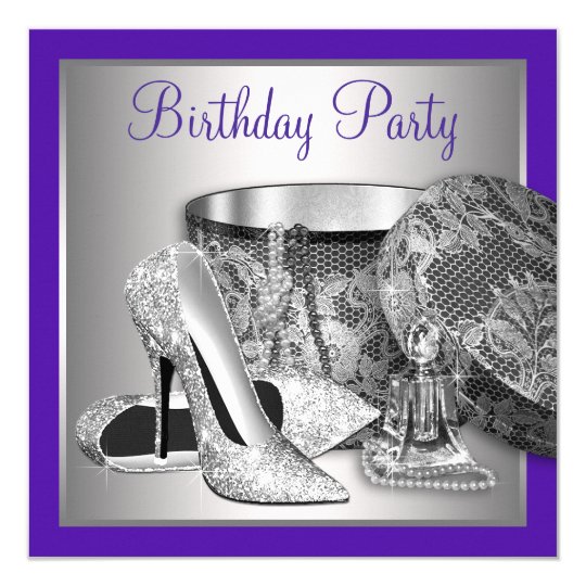 Womans Purple and Silver High Heel Birthday Party Invitation | Zazzle.com