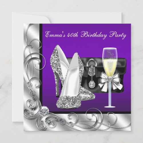 Womans Purple 40th Birthday Party Invitations