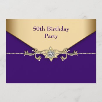 Womans Purple Gold 50th Birthday Party Invitation by decembermorning at Zazzle