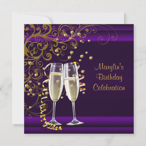 Womans Purple Gold Birthday Party Custom Invitations