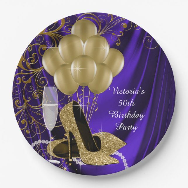 Womans Purple Gold Birthday Party Paper Plates (Front)