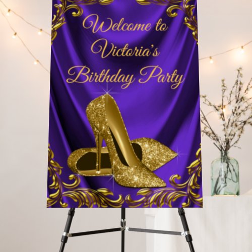 Womans Purple Gold Birthday Party Welcome Sign