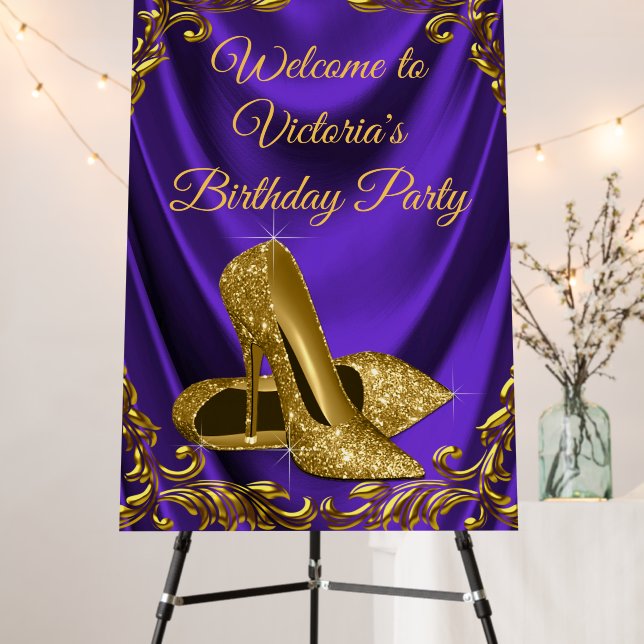 Womans Purple Gold Birthday Party Welcome Sign (In Situ (Stand))