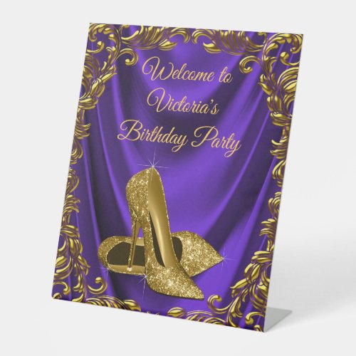 Womans Purple Gold Birthday Party Welcome Table Pedestal Sign