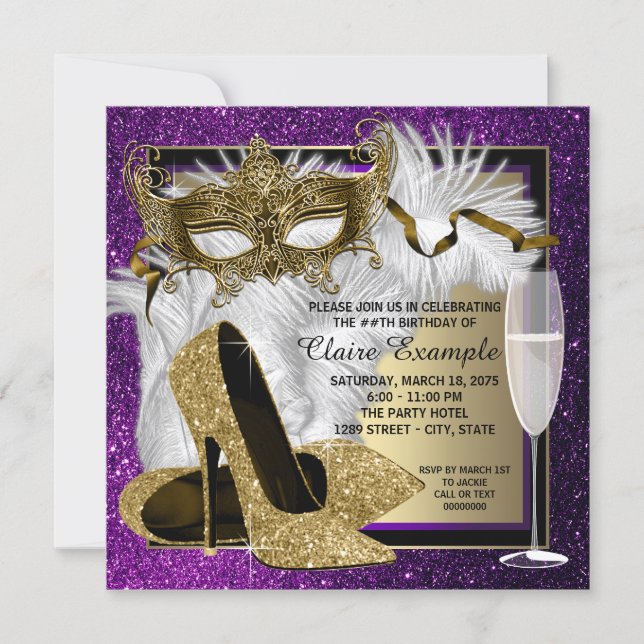 Womans Purple Gold Masquerade Party Invitations (Front)