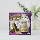 Womans Purple Gold Masquerade Party Invitations (Standing Front)