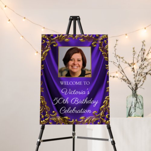 Womans Purple Gold Photo Birthday Welcome Sign