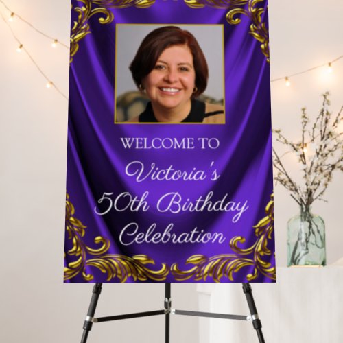 Womans Purple Gold Photo Birthday Welcome Sign