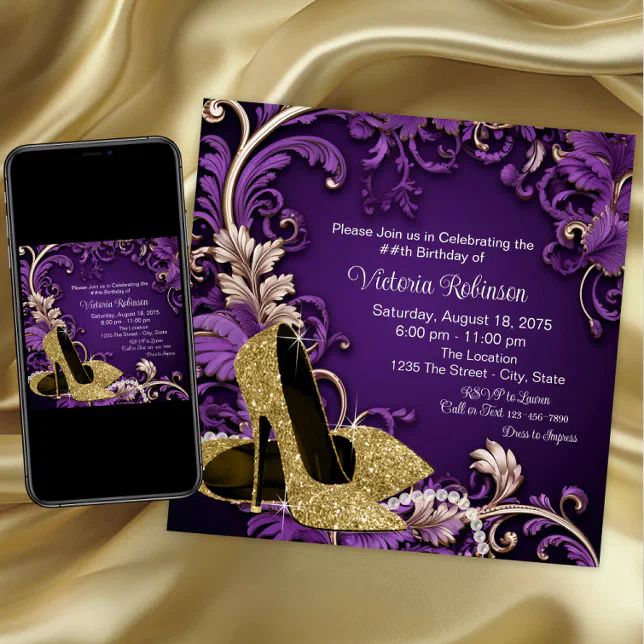 Womans Purple Gold Shoe Birthday Party Invitation | Zazzle