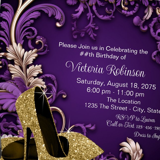 Womans Purple Gold Shoe Birthday Party Invitation | Zazzle